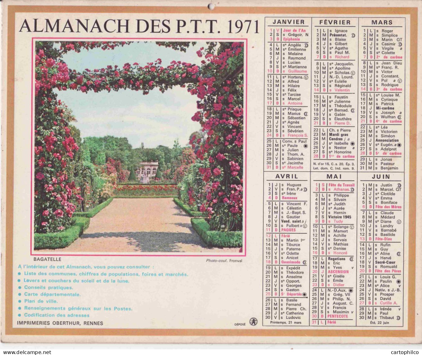 Calendrier France 1971 Bagatelle Paris Honfleur - Grossformat : 1971-80