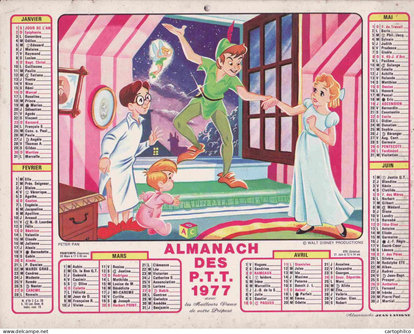Calendrier France 1977 La Belle Et Le Clochard Walt Disney Peter Pan - Big : 1971-80
