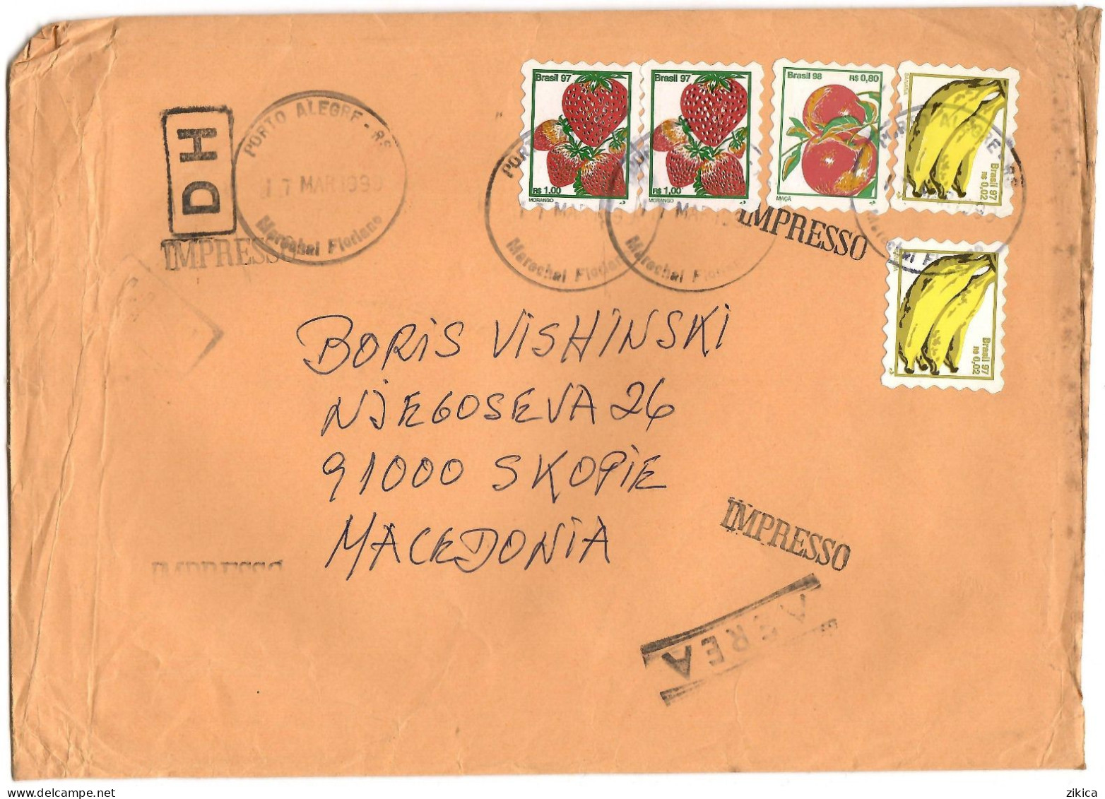 Brazil BIG COVER 1999 Via Macedonia ,post Labels Fruits - Lettres & Documents