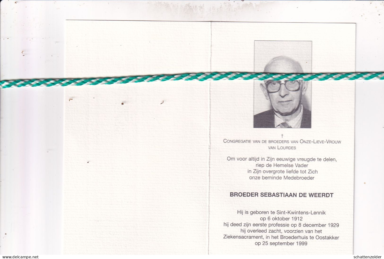 Broeder Sebastiaan De Weerdt, Sint-Kwintens-Lennik 1912, Oostakker 1999. Foto - Obituary Notices