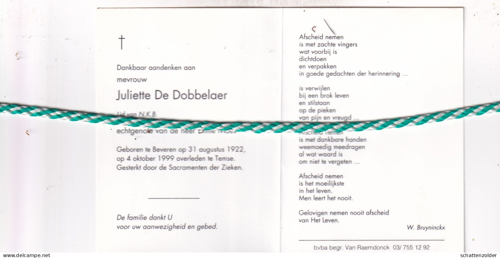 Juliette De Dobbelaer-Maes, Beveren 1922, Temse 1999. Foto - Obituary Notices