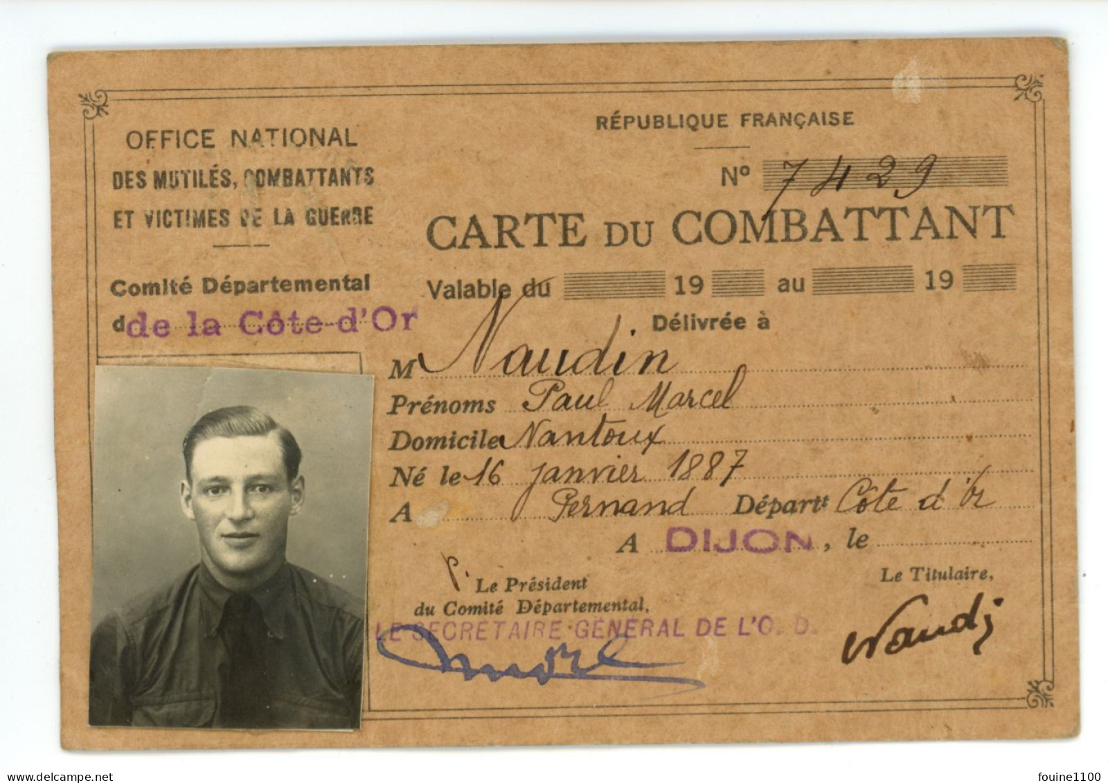 CARTE DU COMBATTANT Personne De NANTOUX 21 ( Militaire ) - Dokumente