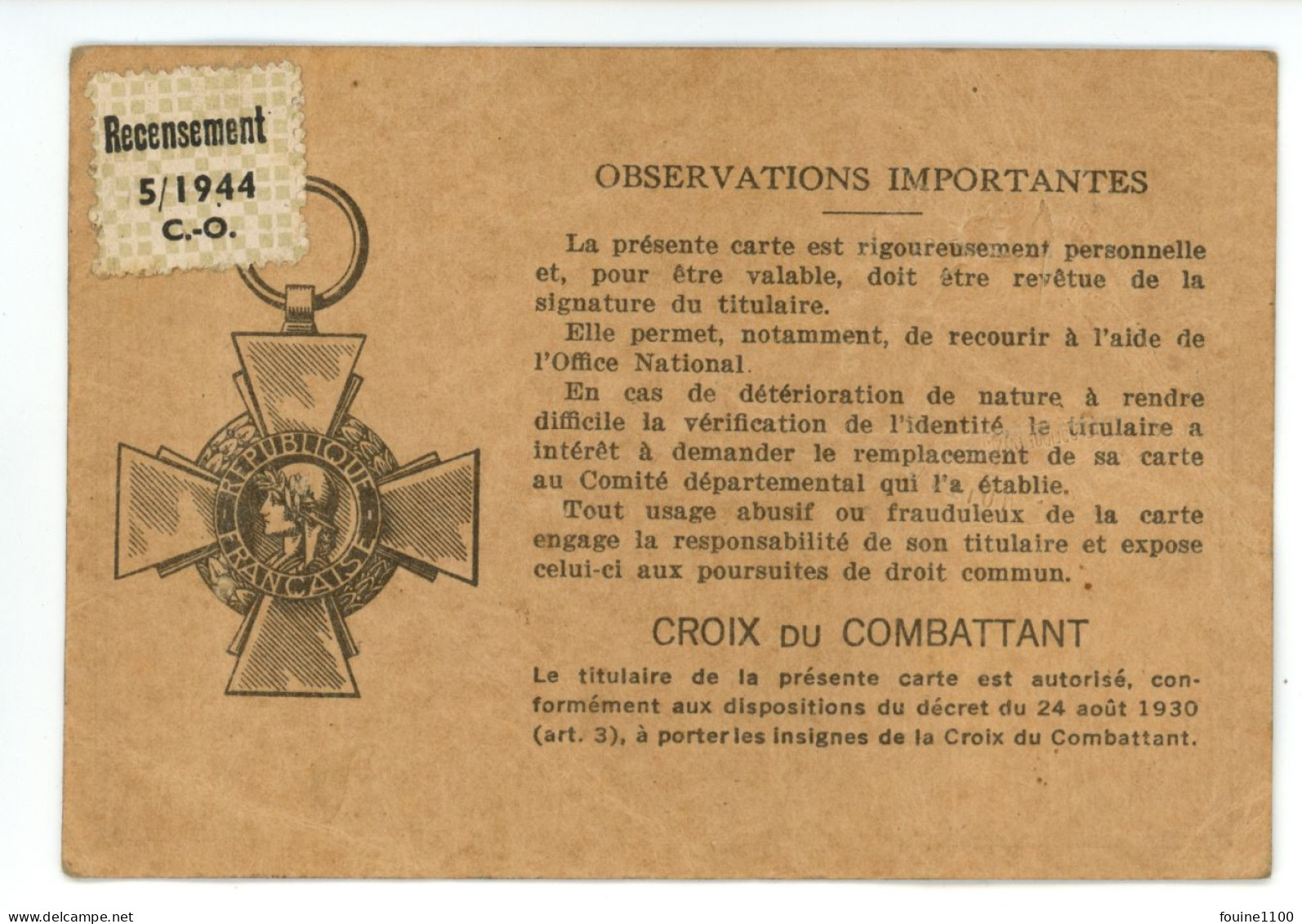 CARTE DU COMBATTANT Personne De NANTOUX 21 ( Militaire ) - Dokumente