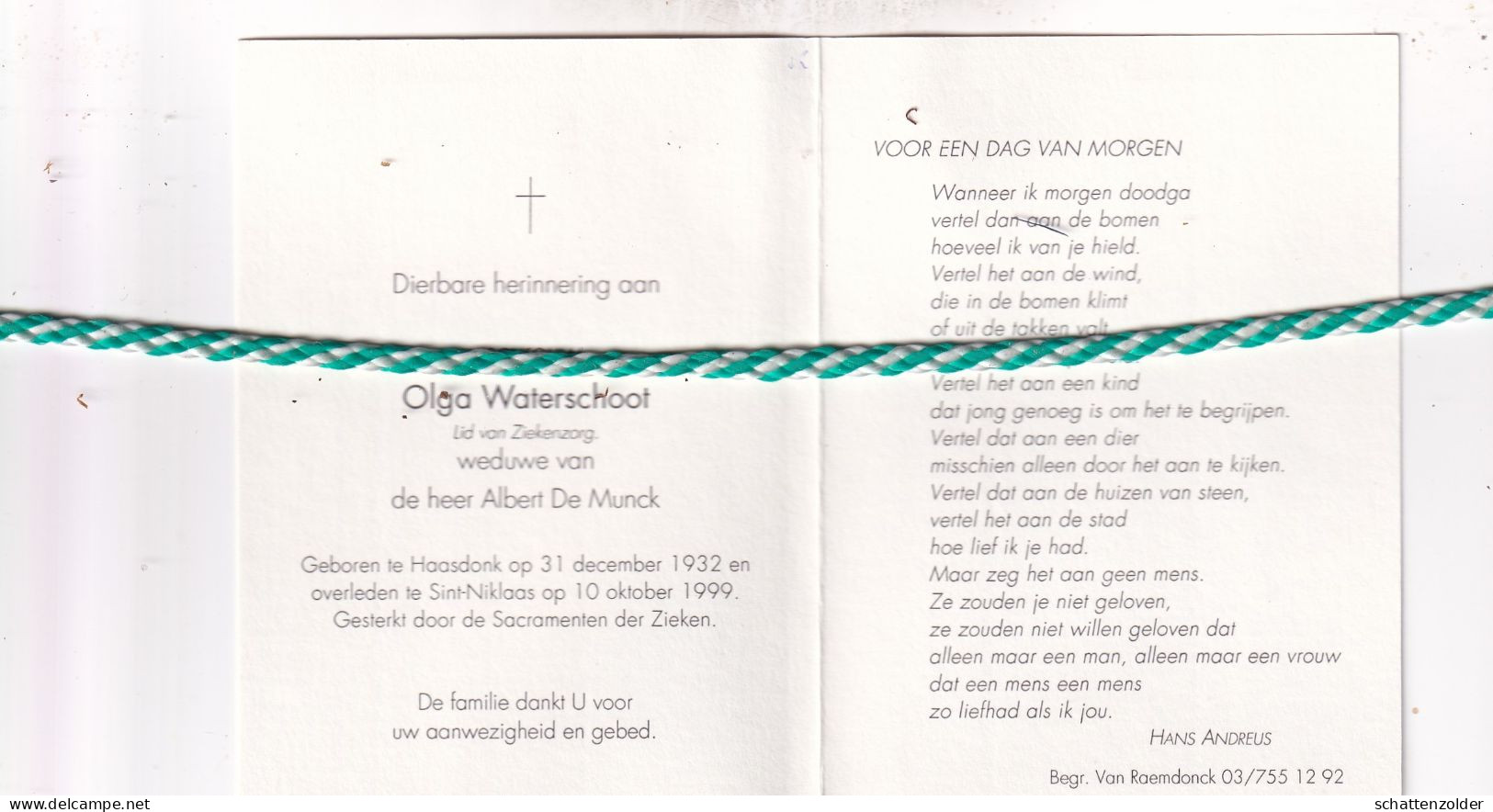 Olga Waterschoot-De Munck, Haasdonk 1932, Sint-Niklaas 1999 - Décès