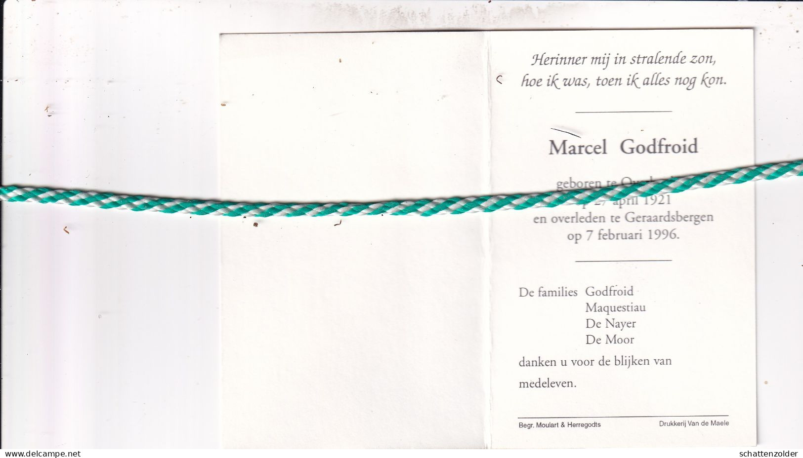 Marcel Godfroid, Overboelare 1921, Geraardsbergen 1996. Foto - Décès