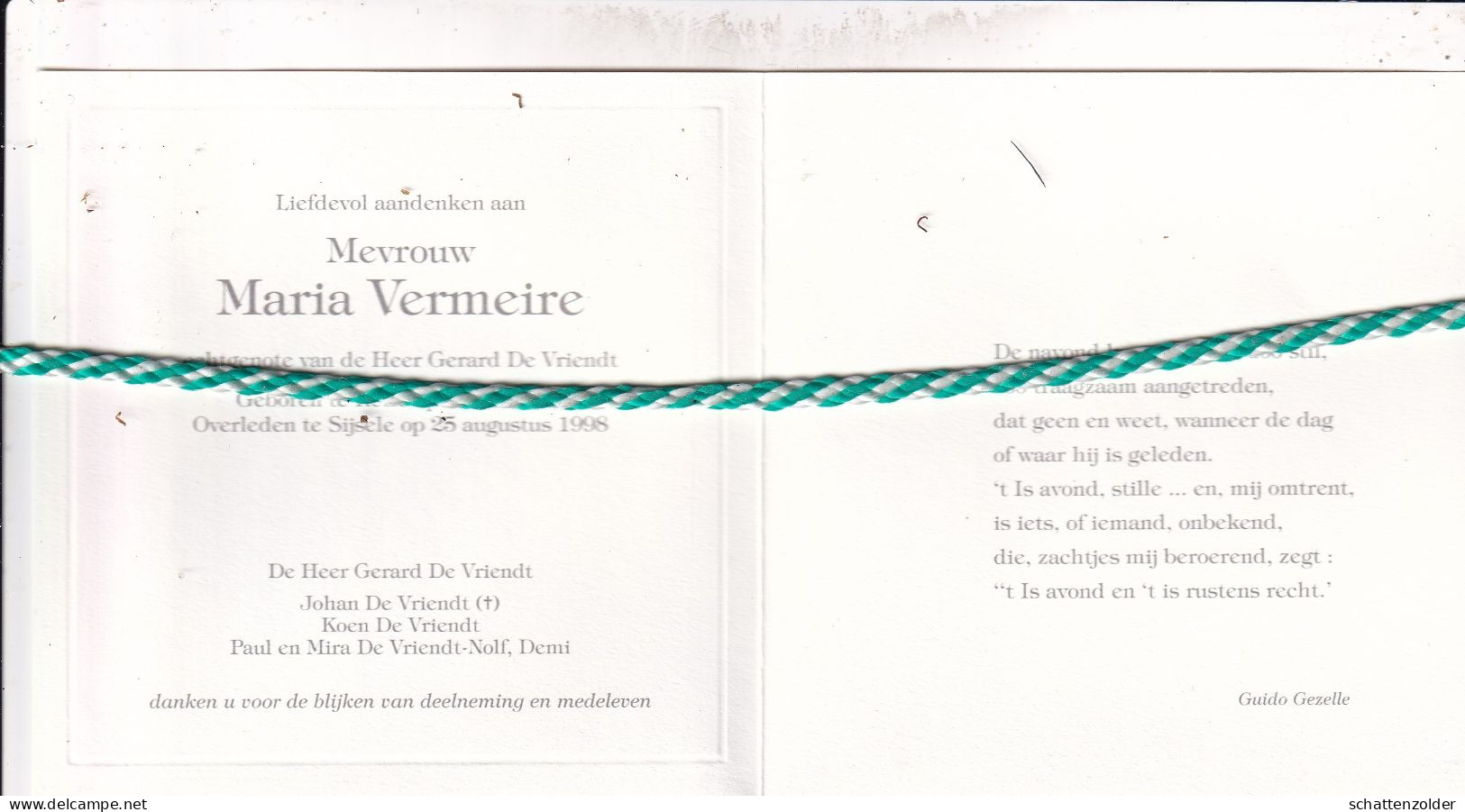 Maria Vermeire-De Vriendt, Retie 1937, Sijsele 1998. Foto Dameshoed - Obituary Notices