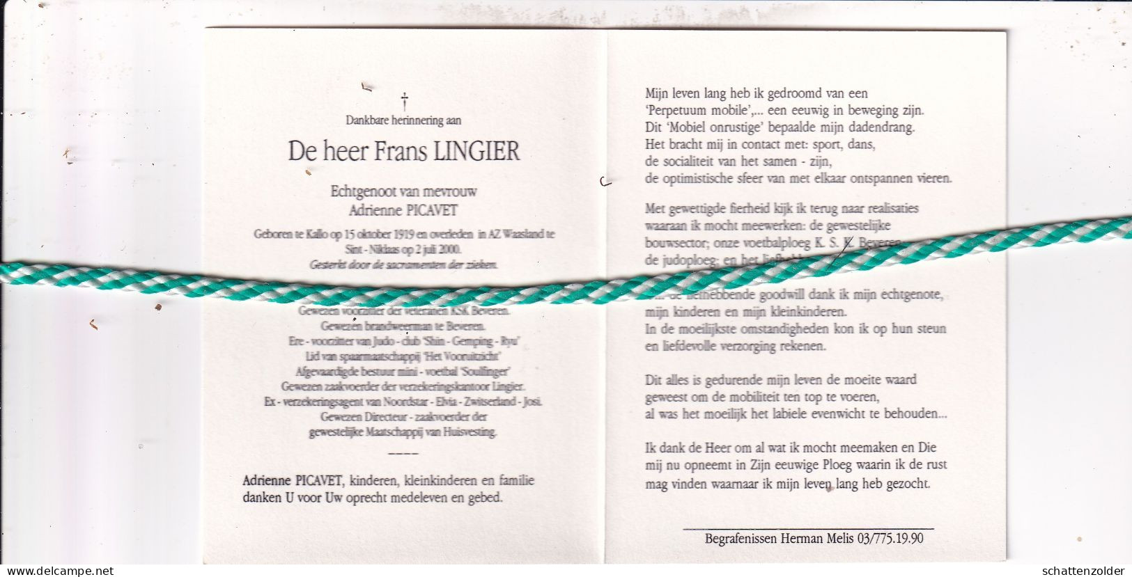 Frans Lingier-Picavet, Kallo 1919, Sint-Niklaas 2000. Foto - Todesanzeige