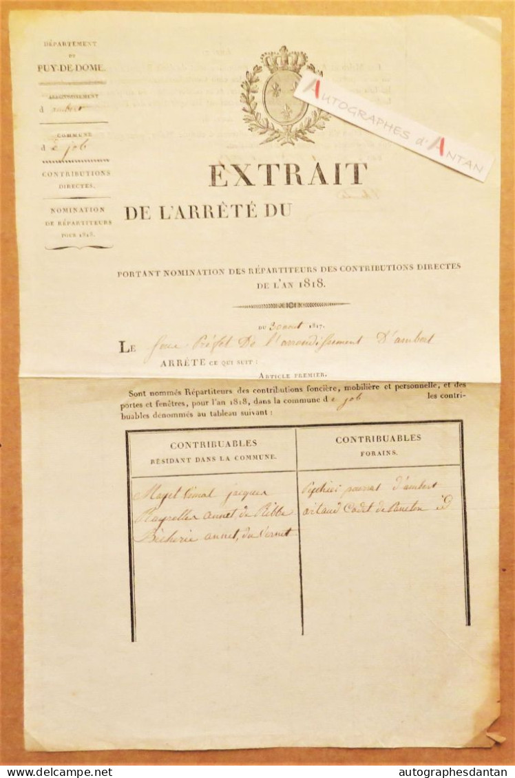 ● Puy De Dôme 1817 / Ambert / Job - Contributions Directes Pour 1818 - Belle Vignette - Mayet Vimal Becherie - 63 - Historische Dokumente