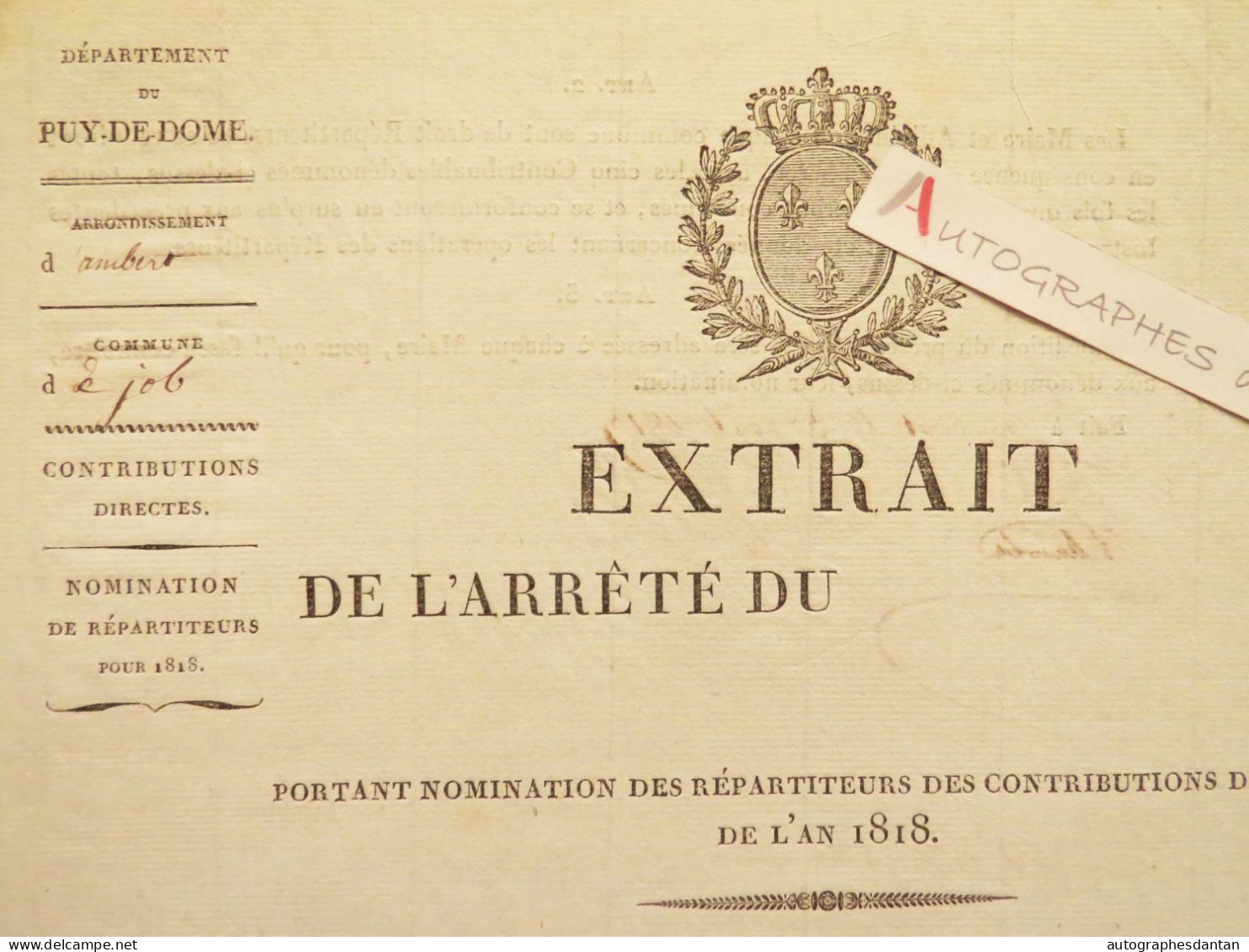 ● Puy De Dôme 1817 / Ambert / Job - Contributions Directes Pour 1818 - Belle Vignette - Mayet Vimal Becherie - 63 - Historische Documenten