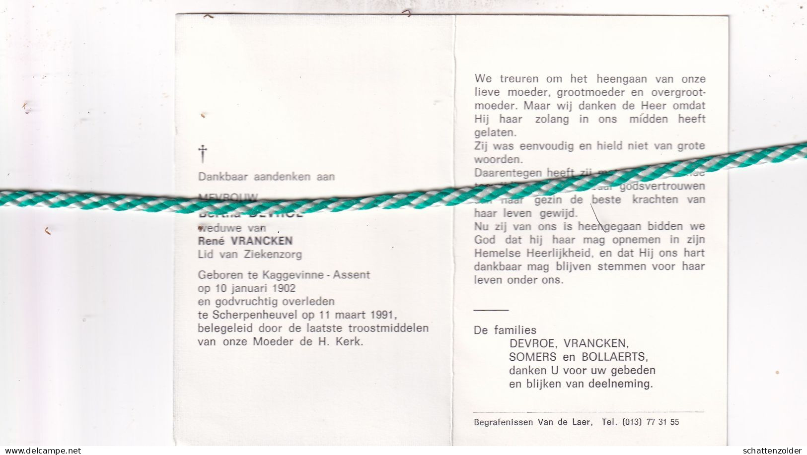 Bertha Devroe-Vrancken, Kaggevinne-Assent 1902, Scherpenheuvel 1991 - Décès