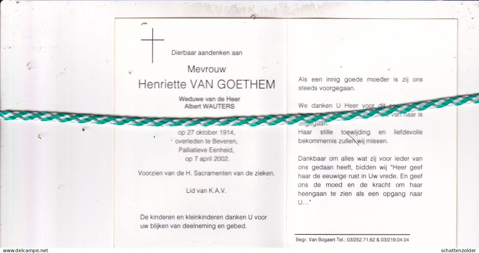 Henriette Van Goethem-Wauters, Clinge Zeeland (Nl) 1914, Beveren 2002. Foto - Décès
