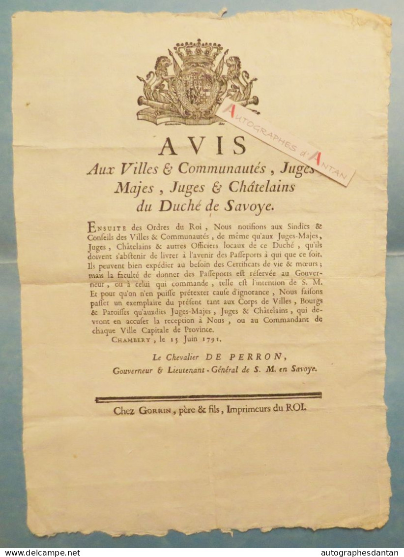 ● Affiche 1791 Chevalier De PERRON Duché De Savoye Chambéry - Passeports / Certificats De Vie & Moeurs Savoie Révolution - Affiches