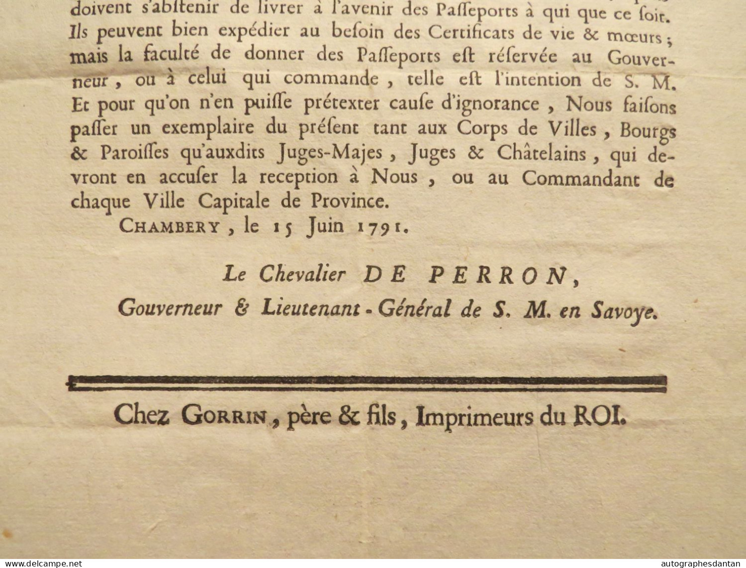 ● Affiche 1791 Chevalier De PERRON Duché De Savoye Chambéry - Passeports / Certificats De Vie & Moeurs Savoie Révolution - Affiches