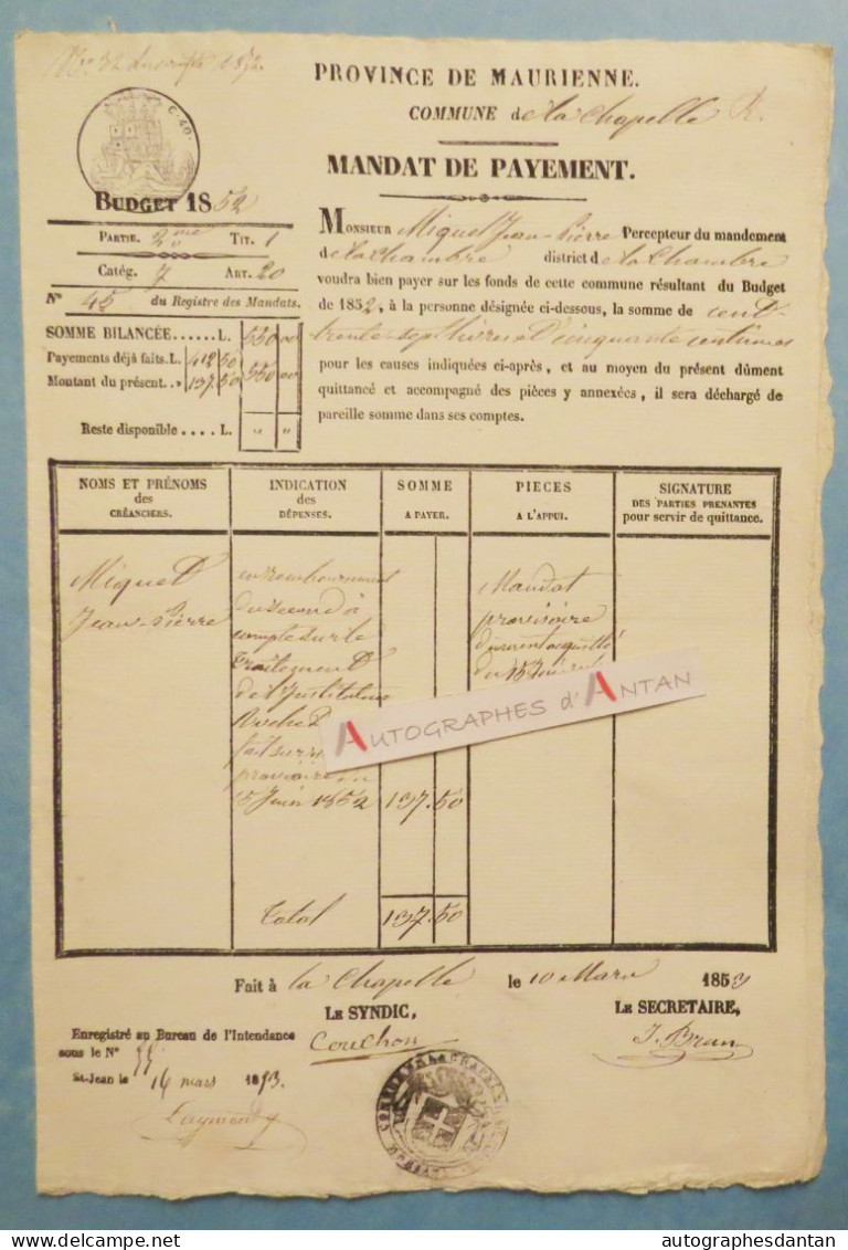 ● Province De Maurienne 1853 - Commune De La Chapelle - Mandat De Payement Jean-Pierre Miquel - Savoie - Cachet - Documents Historiques