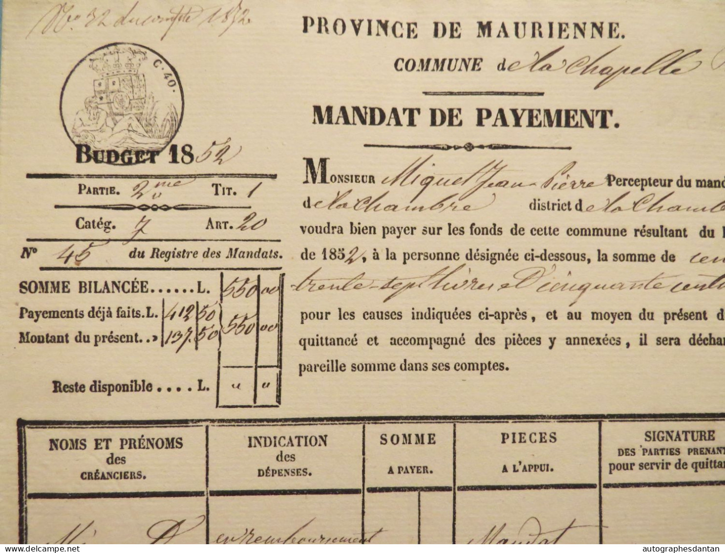 ● Province De Maurienne 1853 - Commune De La Chapelle - Mandat De Payement Jean-Pierre Miquel - Savoie - Cachet - Historical Documents