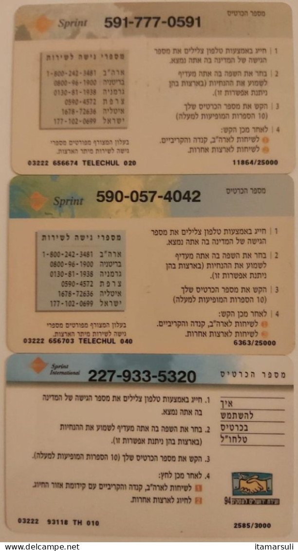 ISRAEL - Bezeq + Sprint - 3 Cards, BZ-137, BZ-138, BZ-141, 20 Units, 40 Units, 10 Units, Perfect Condition - Israel