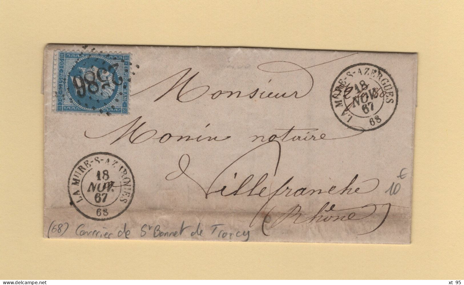 La Mure Sur Azergues - 68 - Rhone - 1867 - GC 2586 - Courrier De Saint Bonnet Le Troncy - 1849-1876: Période Classique