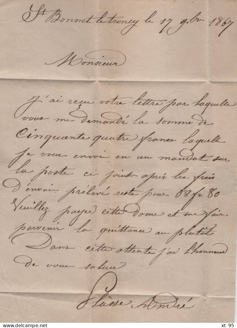 La Mure Sur Azergues - 68 - Rhone - 1867 - GC 2586 - Courrier De Saint Bonnet Le Troncy - 1849-1876: Période Classique