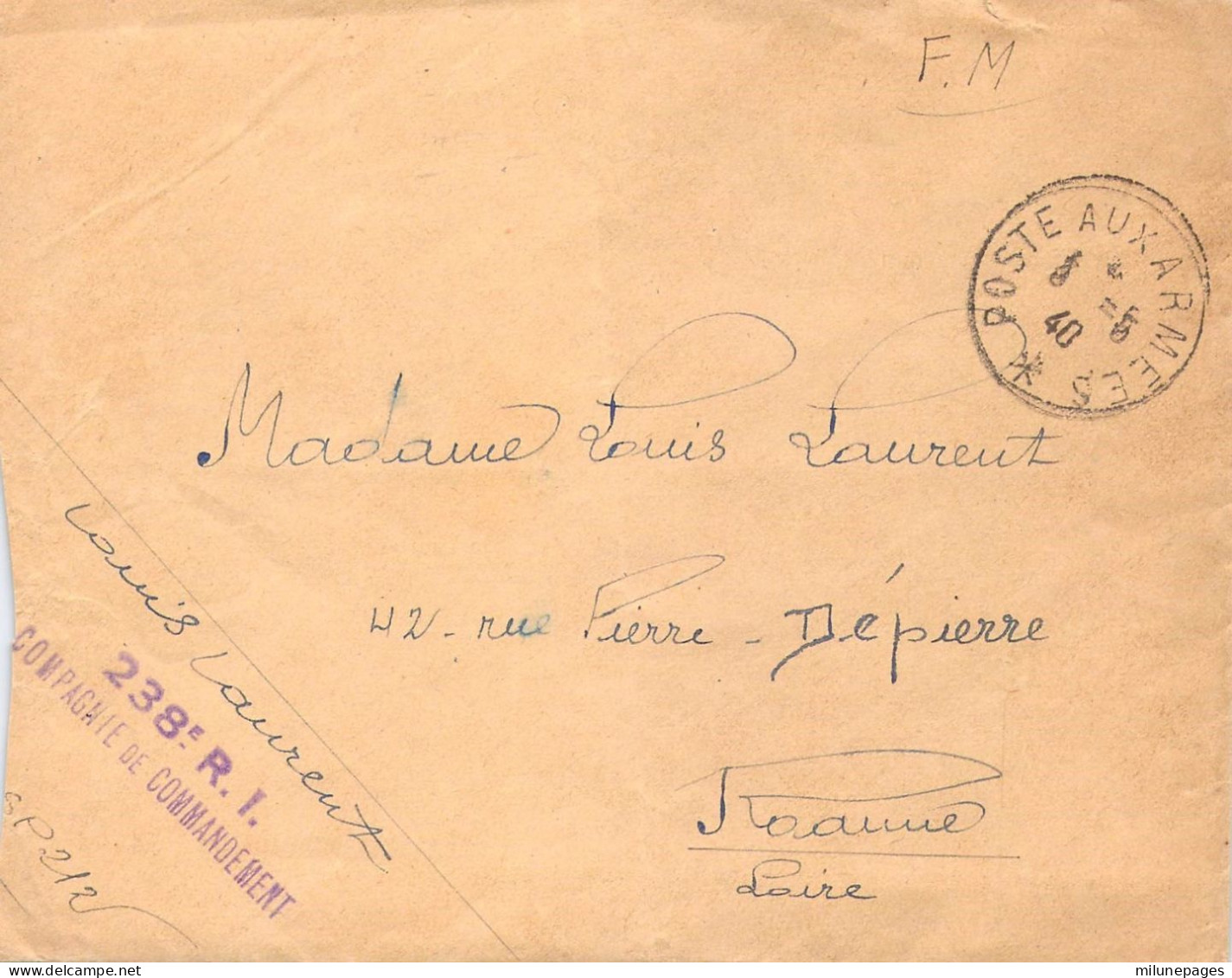 Cachet Franchise Militaire Poste Aux Armées 1940 238ème R.I. Compagnie De Commandement Sur Enveloppe - Guerre De 1939-45