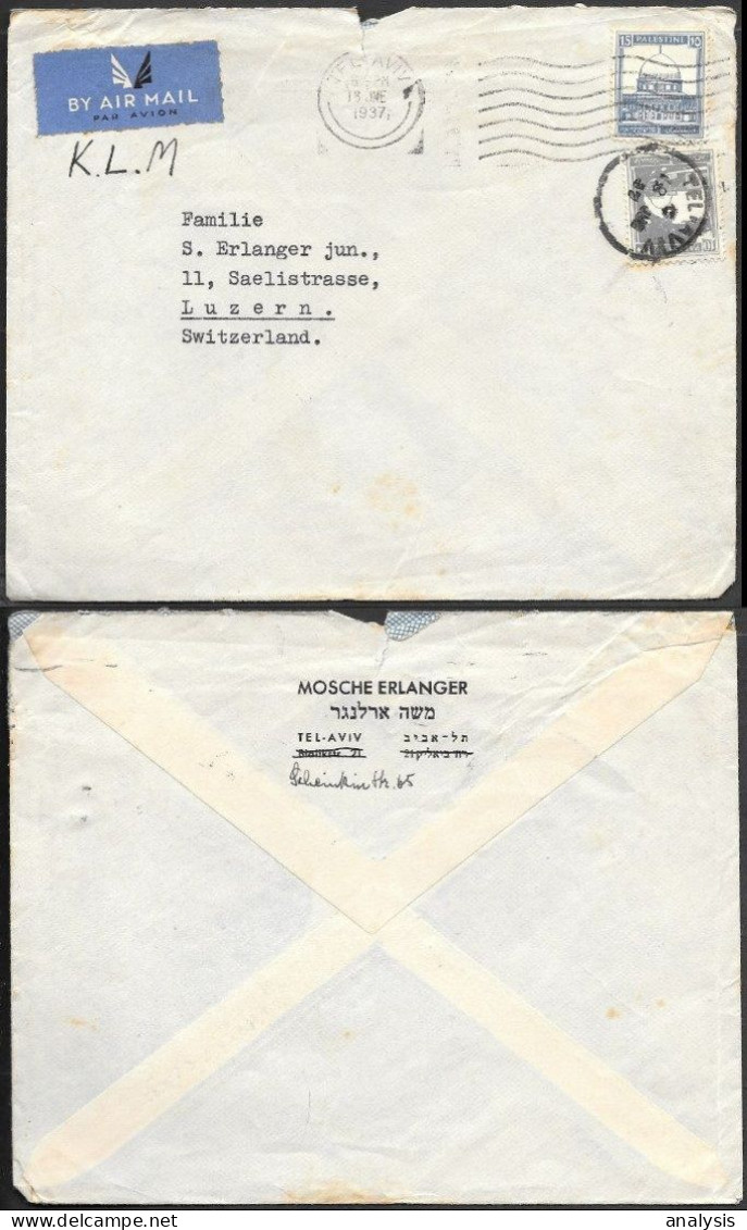 Palestine Tel-Aviv KLM Airmail Cover Mailed To Switzerland 1937. 25M Rate - Palestina