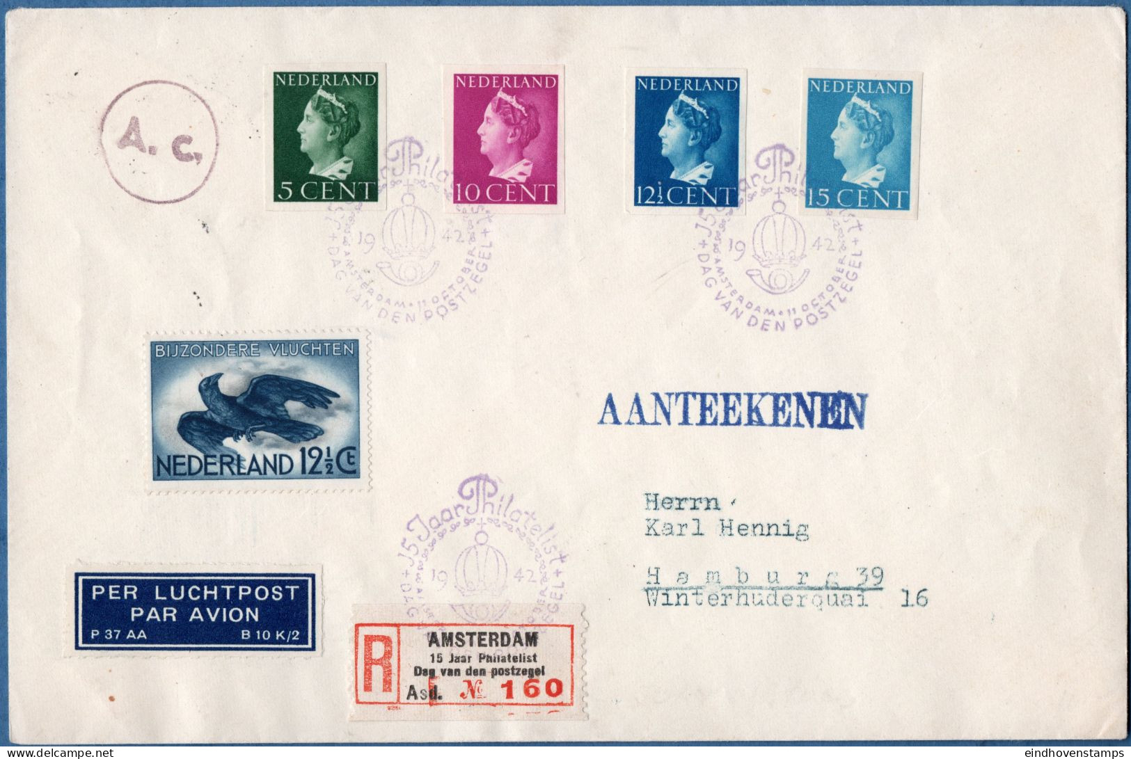 Netherlands 1940 Imperforated Queen Wilhelmina Stamps Paying Registered Dispatch To Hamburg Exhibition Cancel - Briefe U. Dokumente