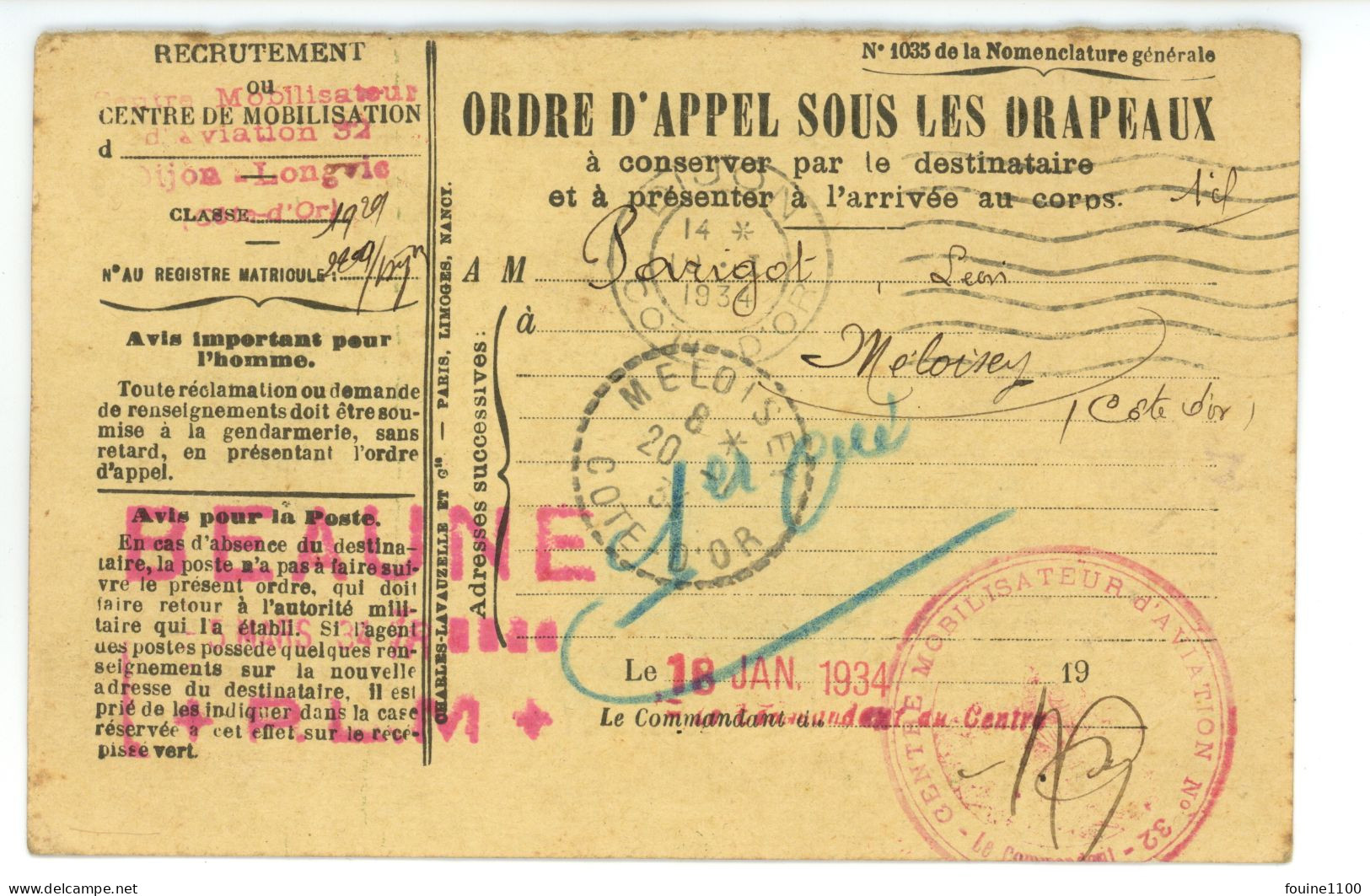 CARTE ORDRE D APPEL SOUS LES DRAPEAUX ( Militaire ) Personne De MELOISEY 21 COTE D'OR ( BEAUNE ) 1934 - Dokumente