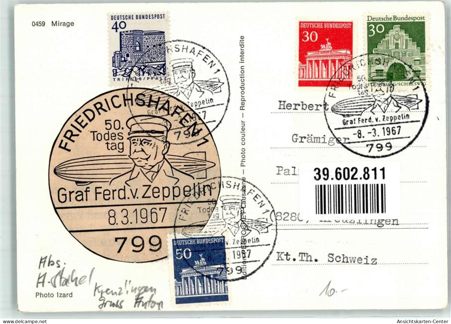 39602811 - Dassault Mirage 2000 Mehrzweckkampfflugzeug Sonderstempel Friedrichhafen 50. Todestag Graf V. Zeppelin 8.3.1 - Other & Unclassified