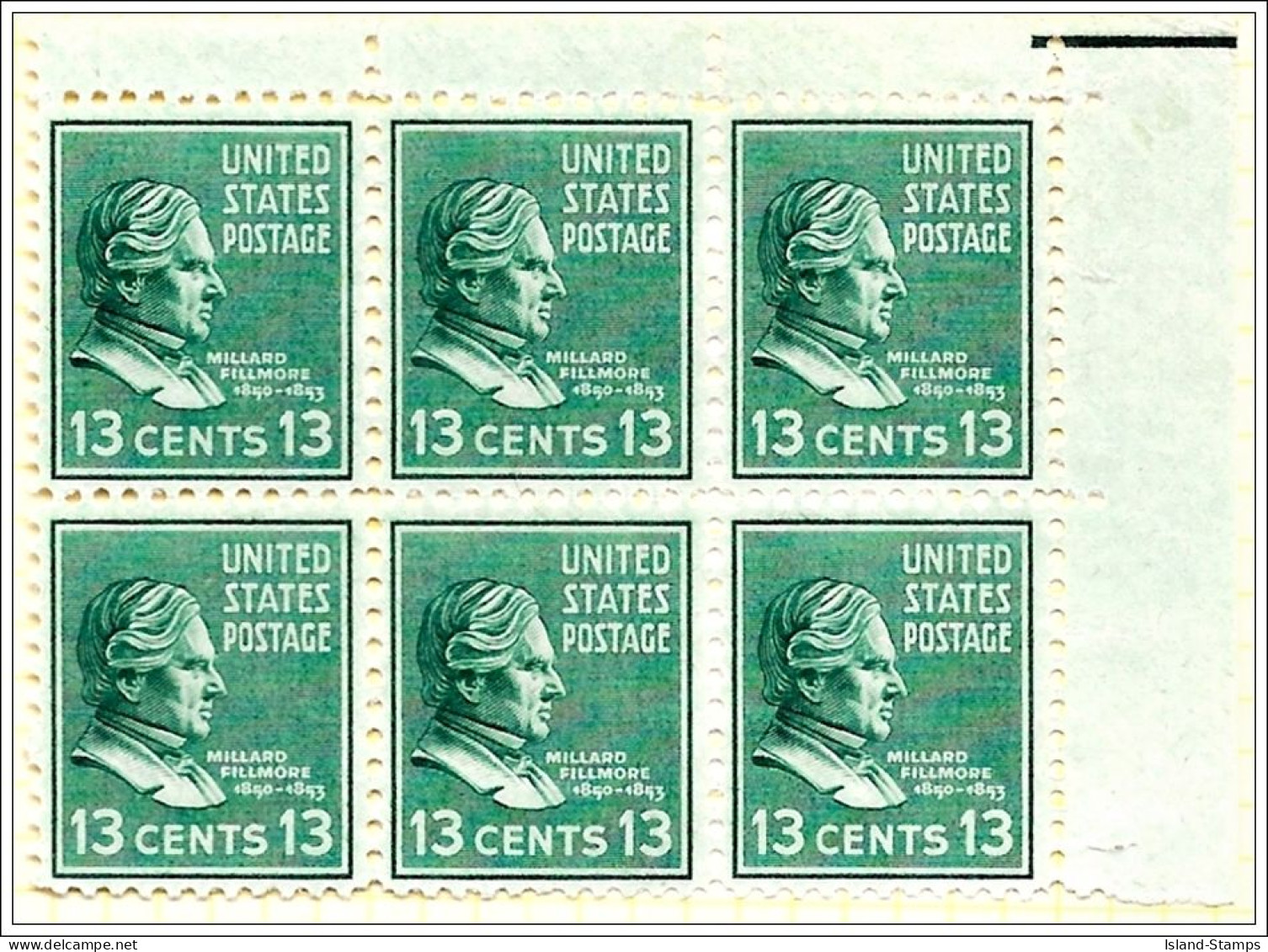 USA # 818 1938 13c Fillmore, Green Block Of Six Light Mounted Mint - Unused Stamps