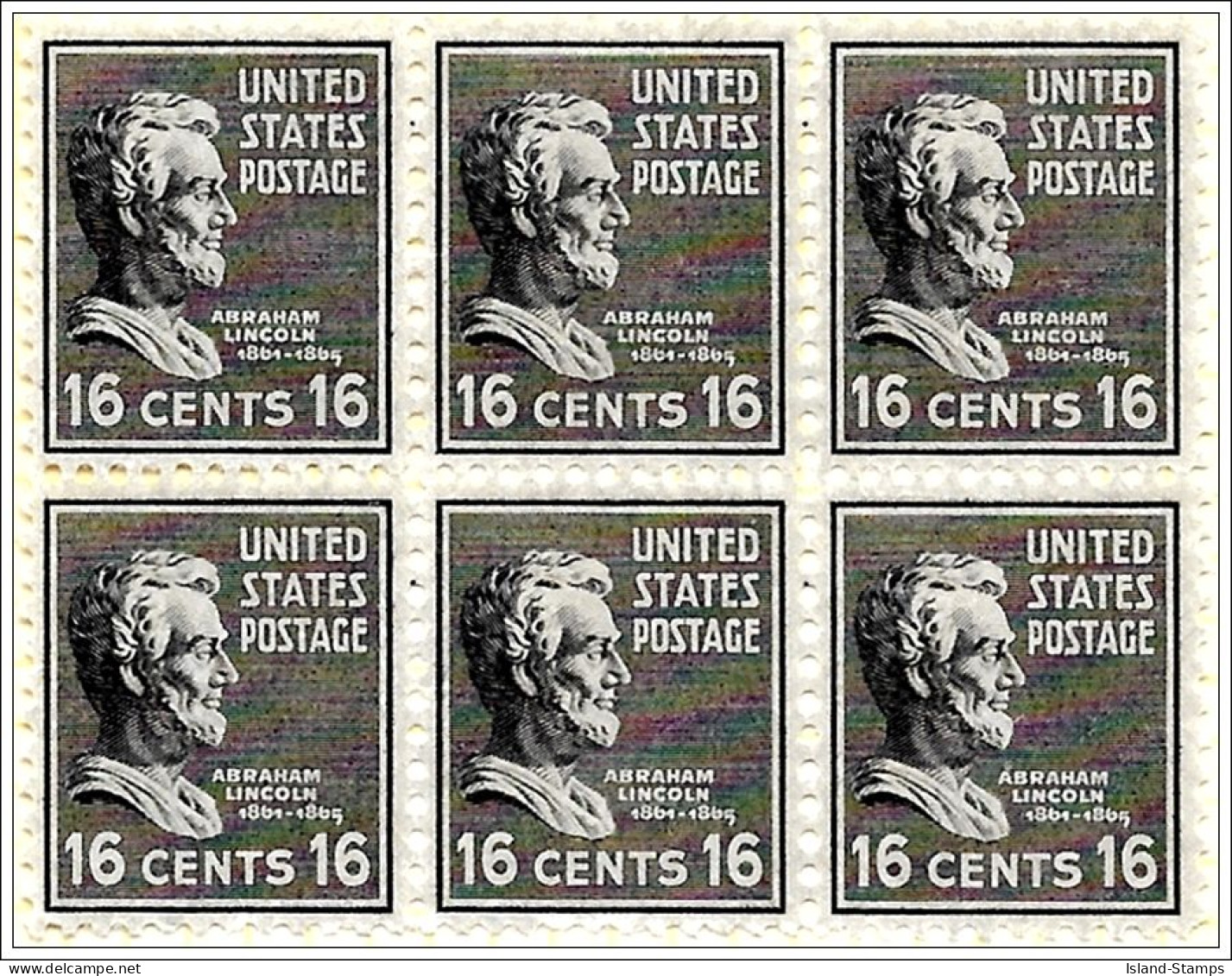 USA # 821 PB - 1938 16c Lincoln, Black Block Of Six Light Mounted Mint - Nuevos