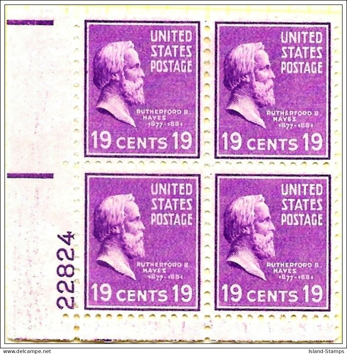 USA # 824 PB - 1938 19c Hayes, Purple Light Mounted Mint - Neufs