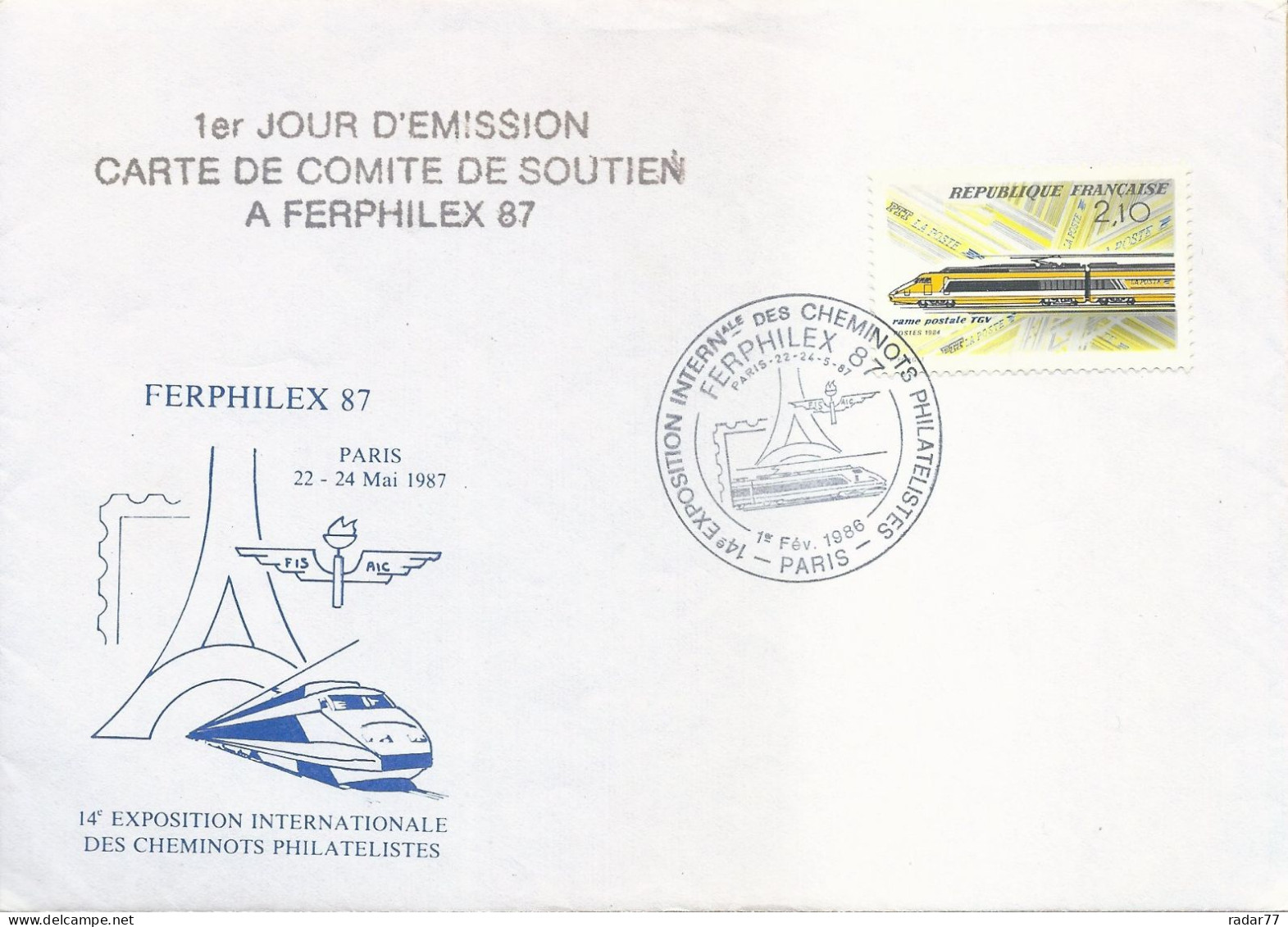 Lettre Avec Cachet Commémoratif Ferphilex 87 - 14ème Exposition Internationale Des Cheminots Philatélistes - Paris 1986 - Trains