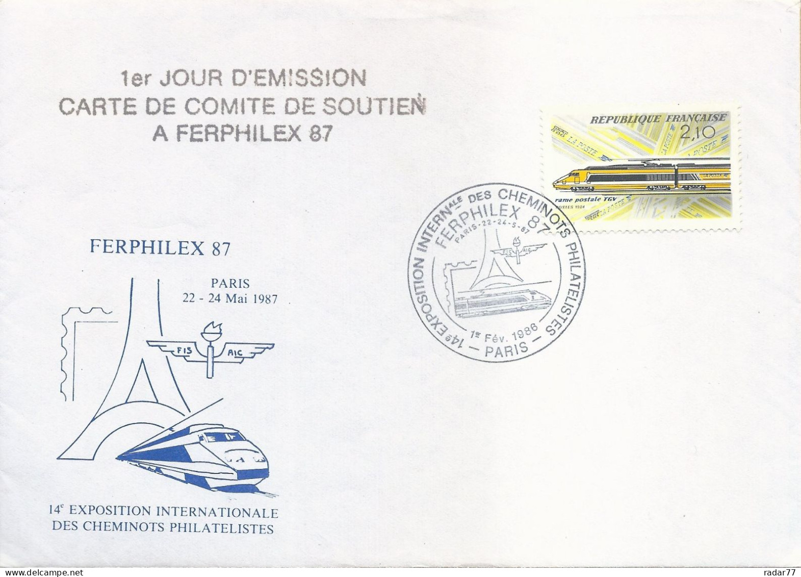 Lettre Avec Cachet Commémoratif Ferphilex 87 - 14ème Exposition Internationale Des Cheminots Philatélistes - Paris 1986 - Gedenkstempel