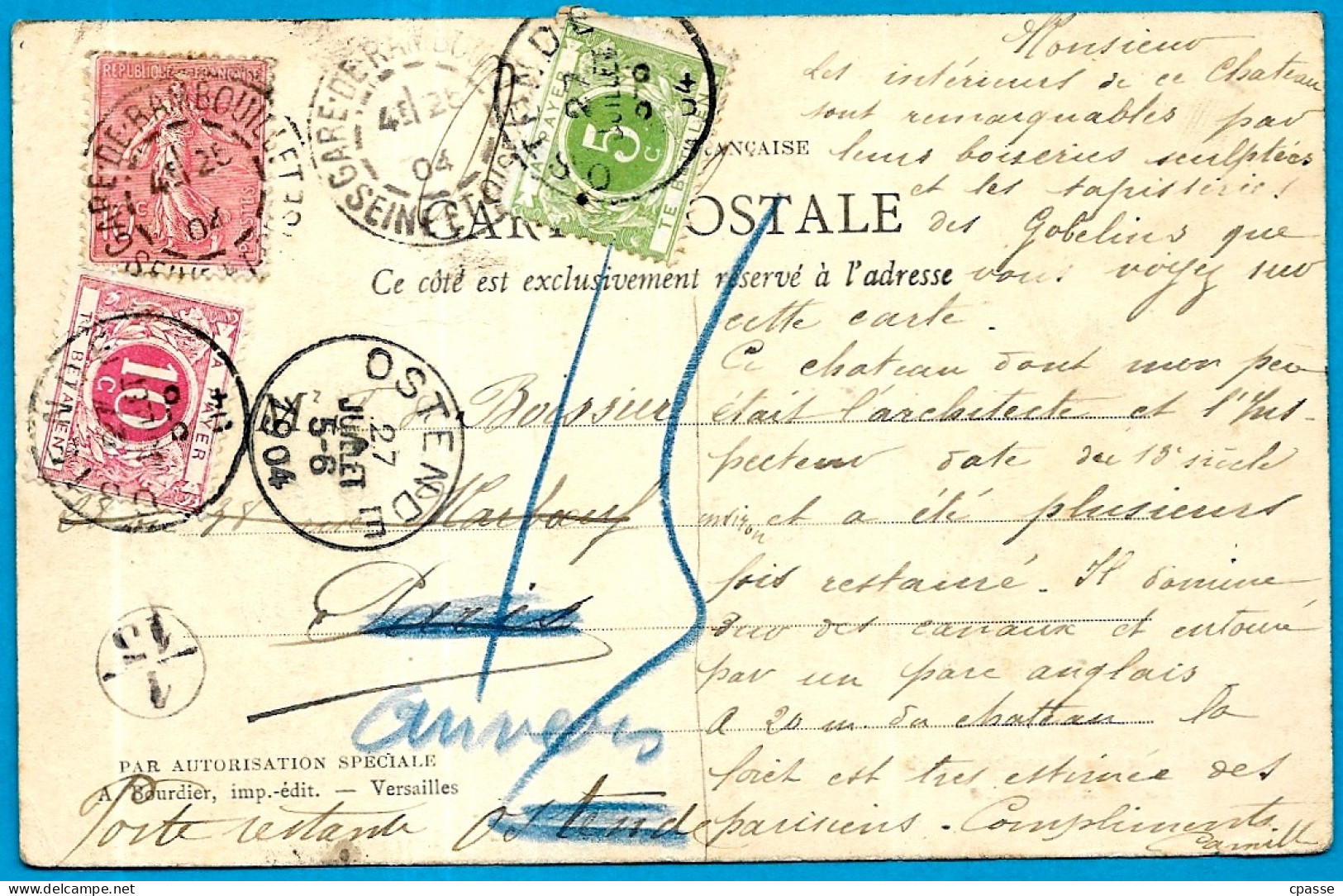 CPA (78 Rambouillet, France) Réexpédition Vers Anvers, Taxe à OSTENDE * Marcophilie Cachets - Lettres & Documents
