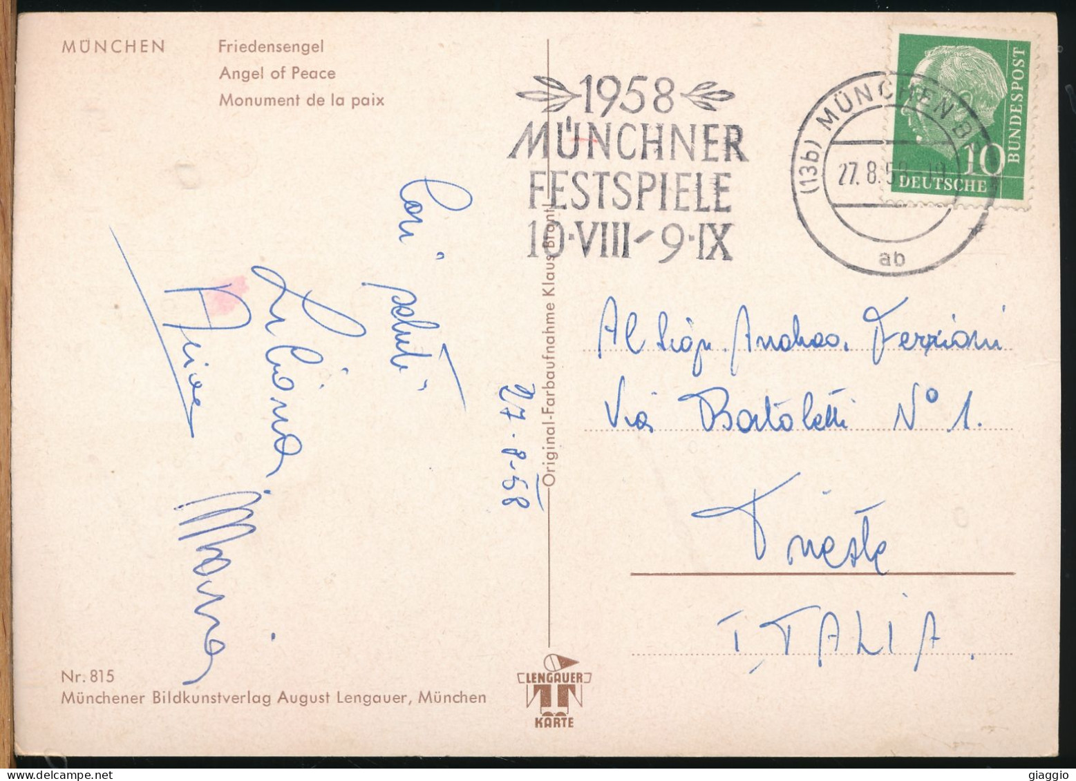 °°° 31061 - GERMANY - MUNCHEN - FRIEDENSENGEL - 1958 With Stamps °°° - Muenchen