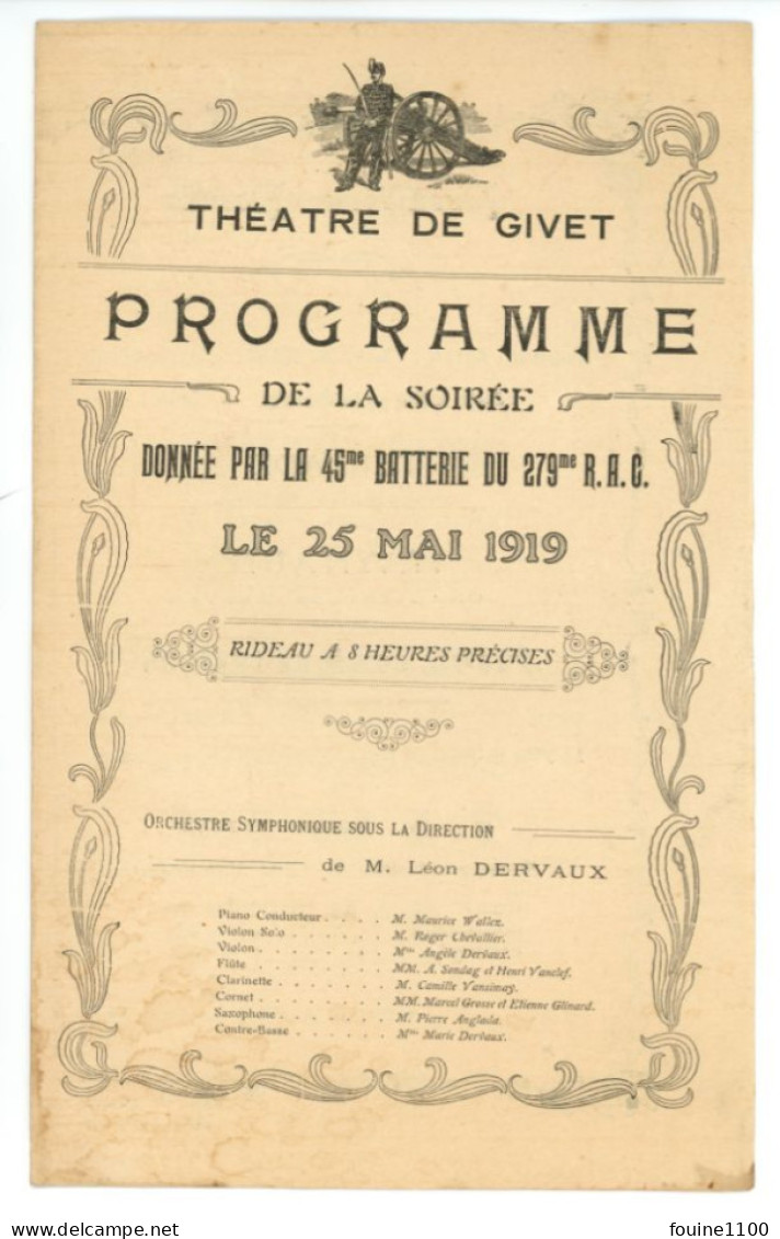 PROGRAMME Militaire THEATRE DE GIVET 08 ARDENNES Par La 45e Batterie Du 279e Régiment D'artillerie De Campagne R.A.C 279 - Programma's