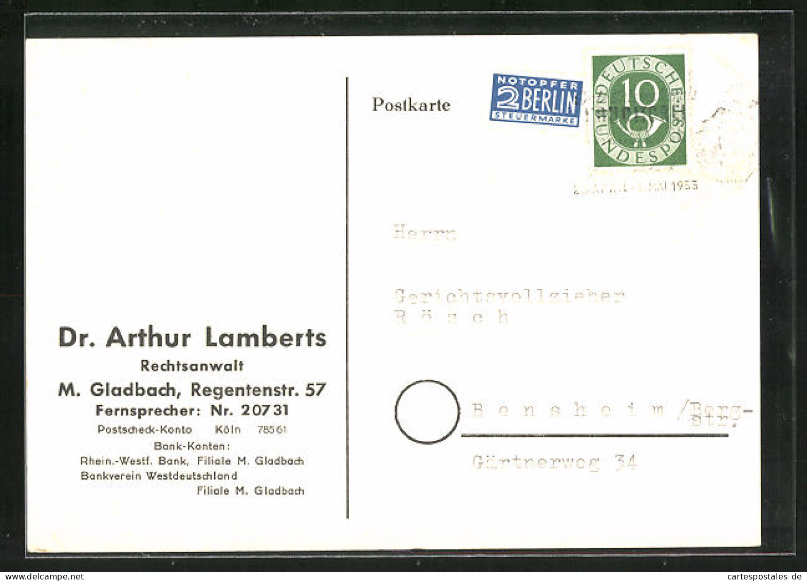 AK Mönchengladbach, Geschäftskarte Von Rechtsanwalt Dr. Arthur Lamberts  - Mönchengladbach