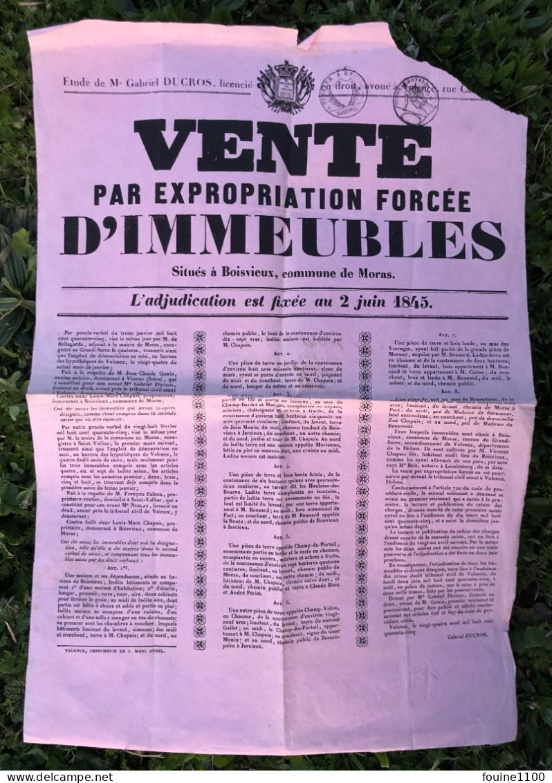 AFFICHE Vente Par Expropriation Forcée D'immeubles Situés à BOISVIEUX Commune De MORAS 26 DROME Année 1845 - Affiches