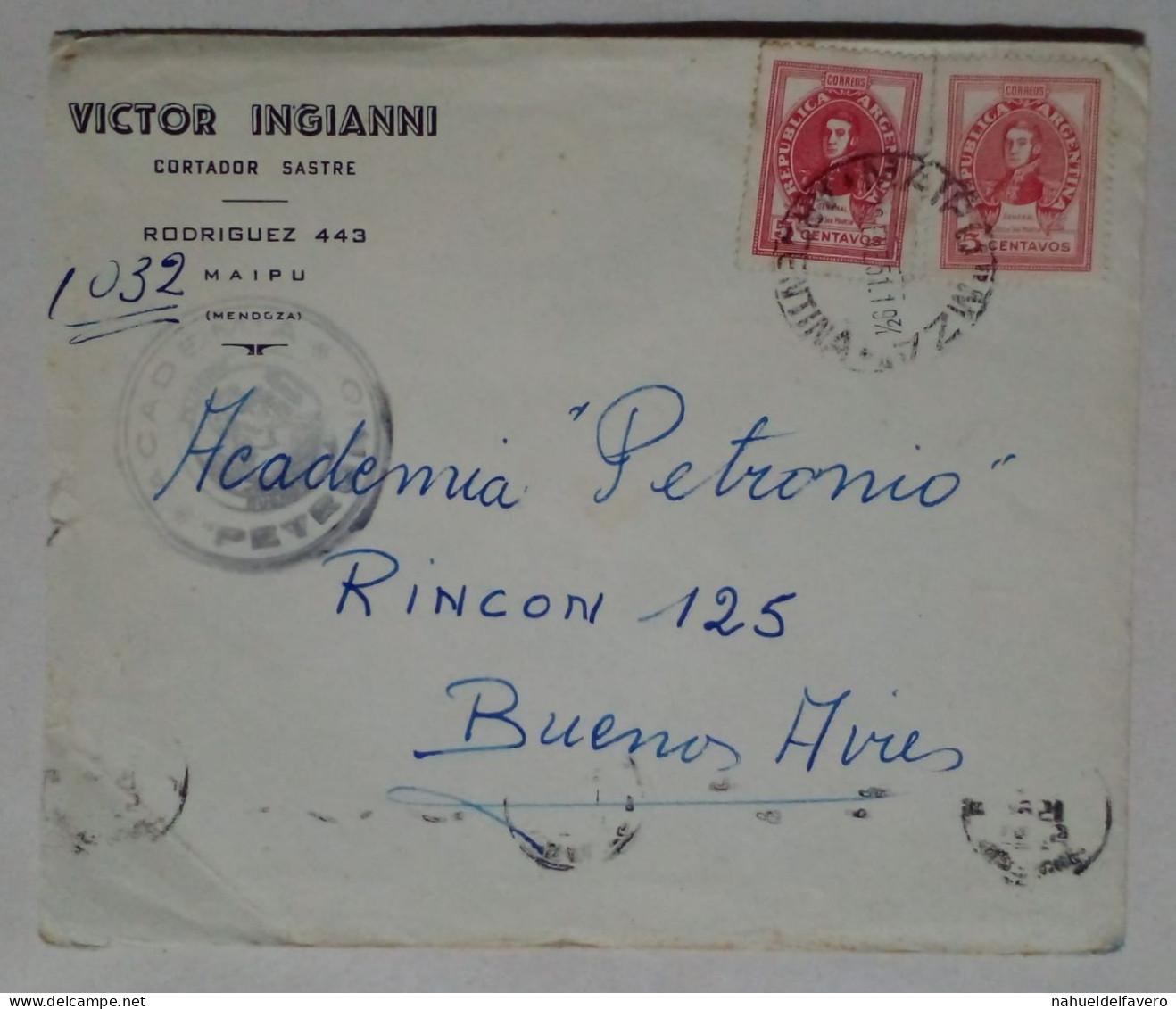 Argentine - Enveloppe Circulée Avec Des Timbres Thématiques Héros Nationaux (1951) - Used Stamps