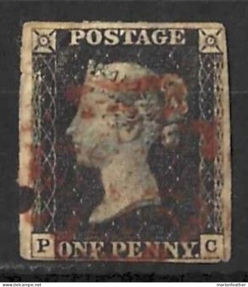 GB.....QUEEN VICTORIA...(1837-01..)....1d BLACK....RED MX...EXCEPT FOR NICK BY C, WOULD BE 4 MARGIN...THIN..USED. - Used Stamps