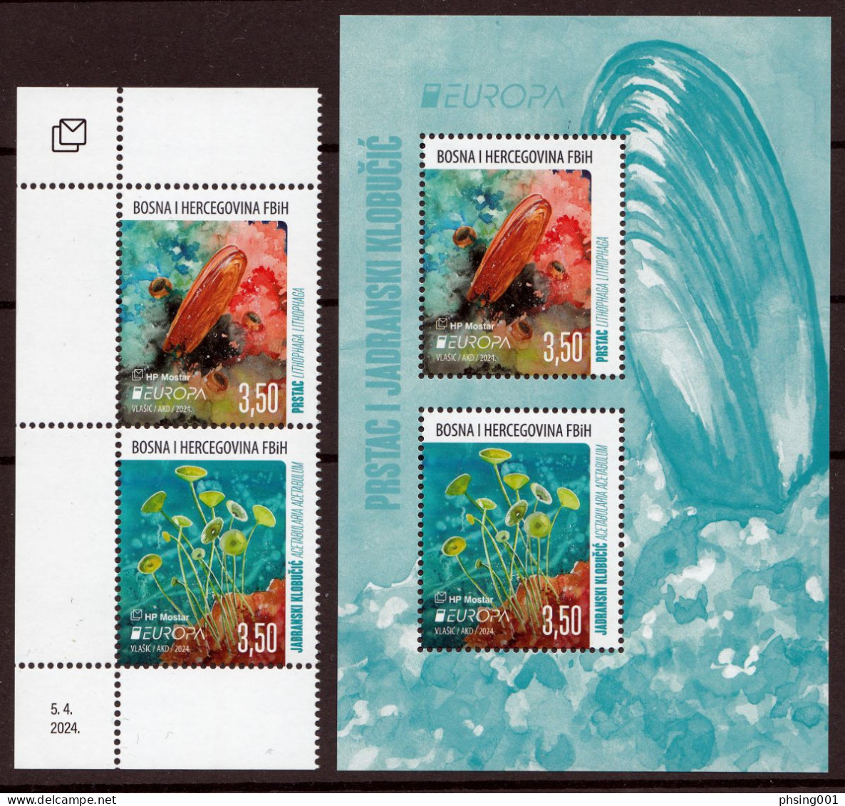 Bosnia Croatia 2024 Europa CEPT Underwater Fauna & Flora Souvenir, Set And Block MNH - Bosnia And Herzegovina