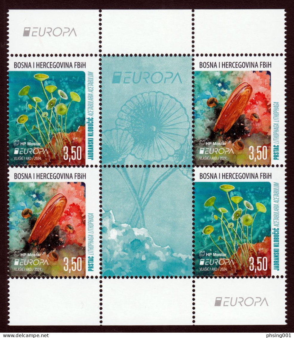 Bosnia Croatia 2024 Europa CEPT Underwater Fauna & Flora Souvenir, 2 Sets With Labels In Block Of 6 MNH - Bosnia And Herzegovina