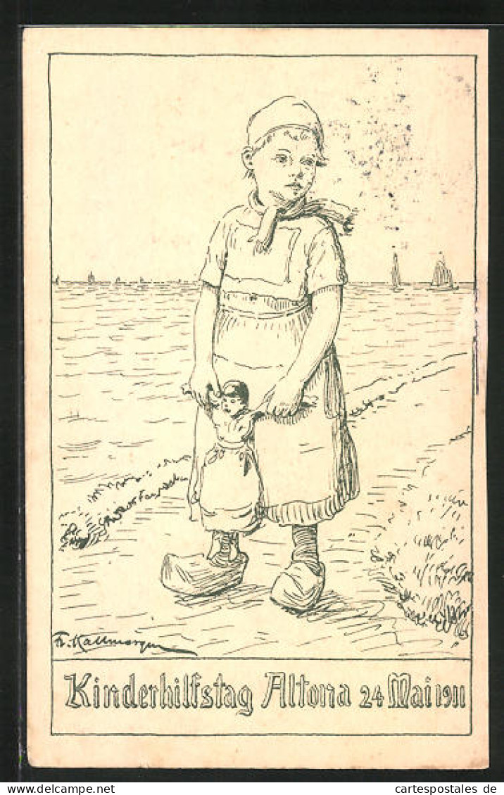 AK Hamburg-Altona, Kinderhilfstag 24. Mai 1911, Kinderfürsorge, Mädchen Mit Holzschuhen Und Puppe  - Altri & Non Classificati