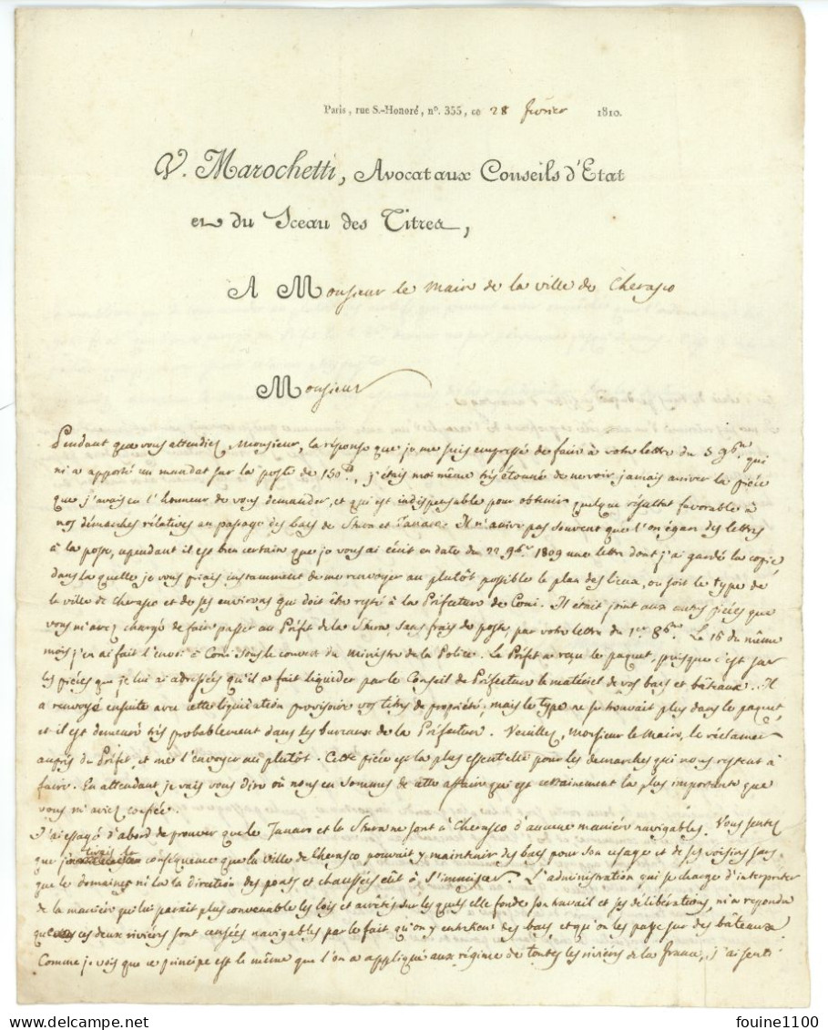 COURRIER LETTRE Année 1810 Pour Le Maire De CHERASCO Italie Italia De L' Avocat Aux Conseils D'état MAROCHETTI à PARIS - 1801-1848: Precursori XIX