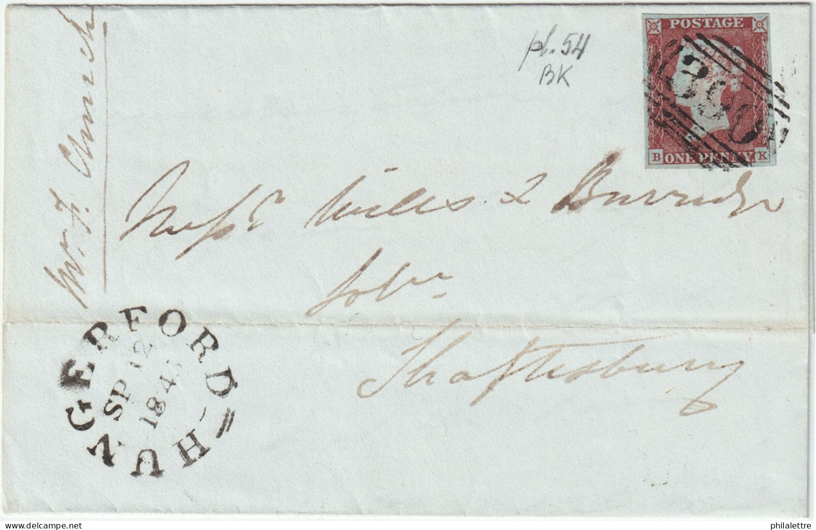 GB / England - 1845 (Sep 1) SG8 (Spec.BS27a) 1d Red-brown Plate 54 (BK) "E" Flaw On EL From HUNGERFORD To SHAFTESBURY - Covers & Documents