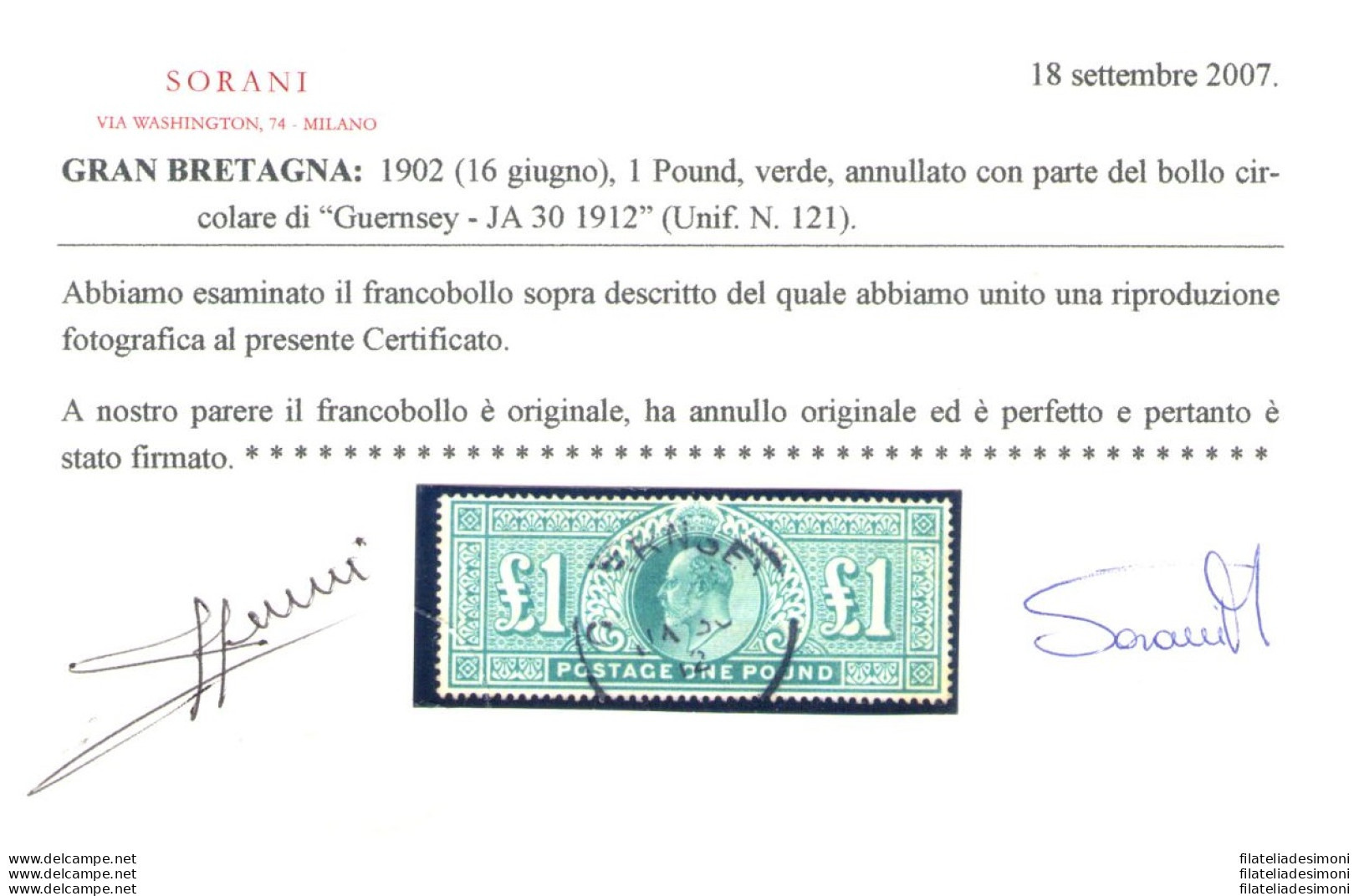 1902 GRAN BRETAGNA - Stanley Gibbons N. 266 - 1 Sterlina Dull Blue-green - Usata - Certificato Sorani - Otros & Sin Clasificación