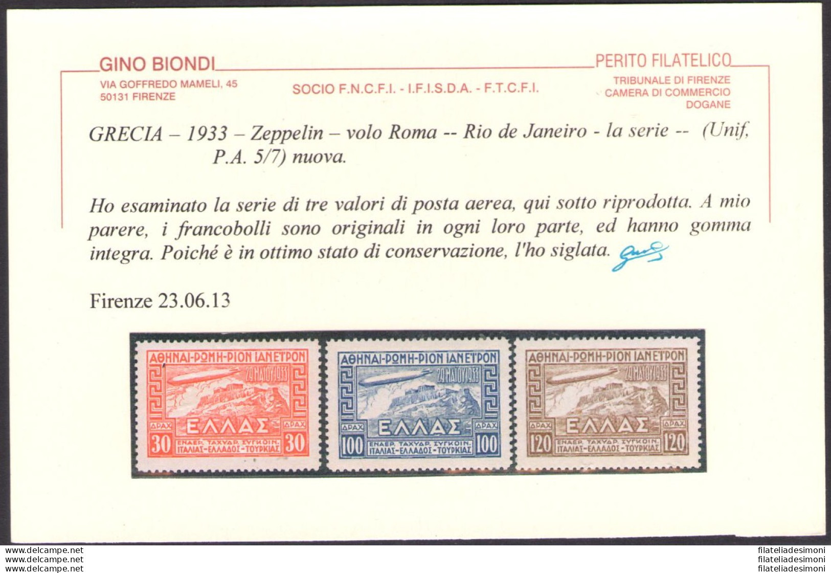 1933 Greece - Grecia, Posta Aerea - Graf Zeppelin Roma - Rio De Janeiro - Yvert N. 5/7 - MNH** Certificato Biondi - Autres & Non Classés