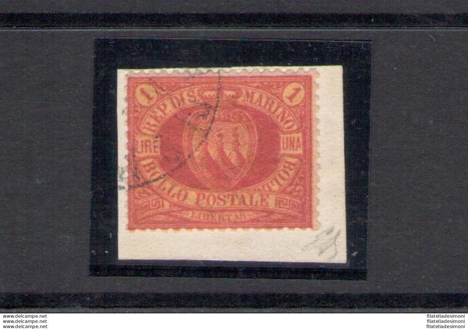 1892-94 SAN MARINO, N. 20 - 1 Lira Carminio Su Giallo - Su Bel Frammento - Firmato Emilio Diena !!!! - Autres & Non Classés