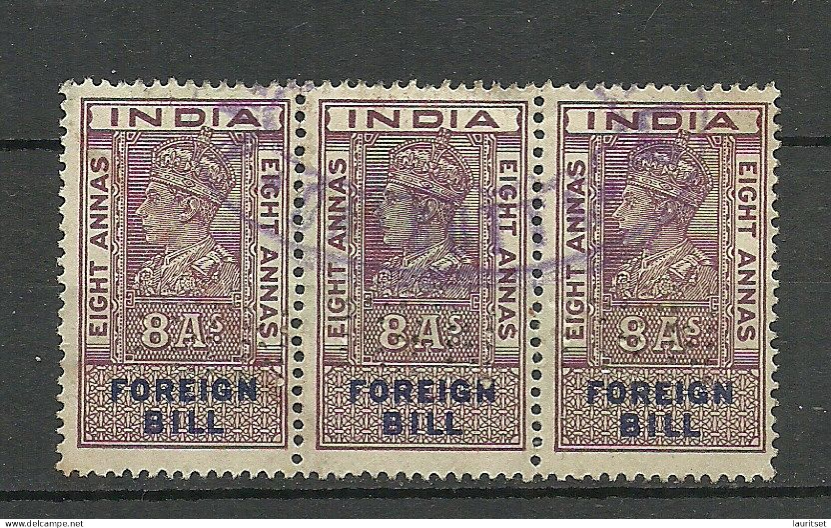 INDIA Foreign Bill Revenue Tax 8 A. As 3-stripe O With Perfin - Dienstmarken