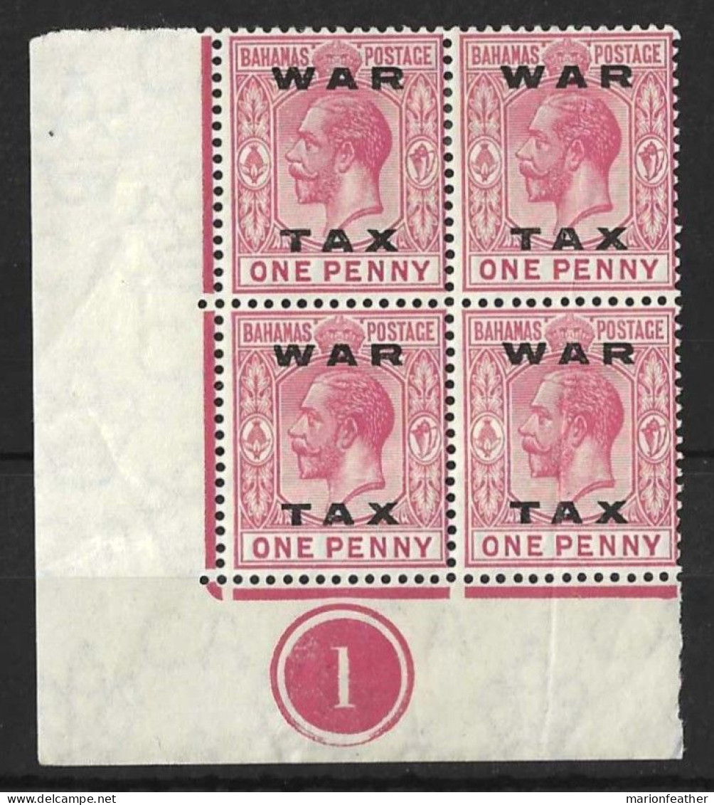 BAHAMAS.....KING GEORGE V...(1910-36..)...1d X PLATE BLOCK OF 4....WAR TAX....SG103.....CREASED....MH... - 1859-1963 Crown Colony