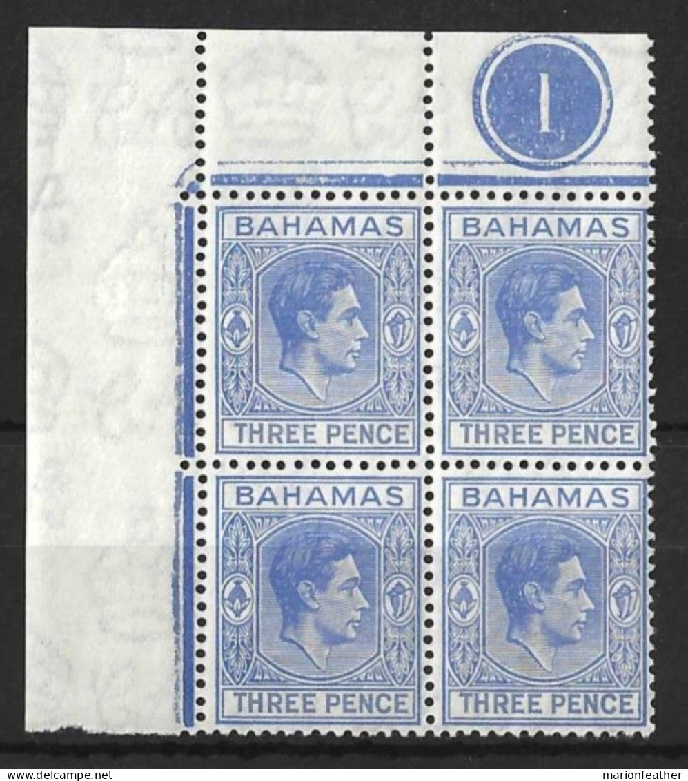 BAHAMAS.....KING GEORGE V...(1910-36..)...3d X PLATE BLOCK OF 4.....MTD IN MARGIN...BUT STAMPS  MNH... - 1859-1963 Colonie Britannique